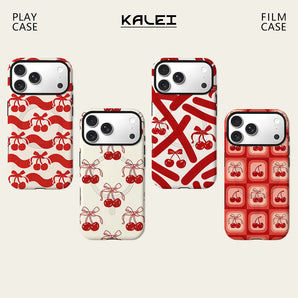 Cream Base Red Cherry Bow Phone Case For Magnetic for iPhone 17 16 15 14 13 12 11 Pro Max Plus Double-layer Anti-Drop Back Cover