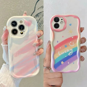 Candy Color Rainbow Phone Case For iPhone 16 15 14 13 12 11 Pro Max X XS XR SE 7 8 Plus Mini Funda 3D Wavy Curved Edge