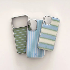 Ins Korean Green & Blue Stripes Electroplated Drip Glue Phone Case For iPhone 17 Air 16 Pro Max 15 14 Plus 13 12 11 Back Cover