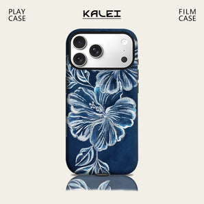 Navy Blue White Floral Phone Case for IPhone 17 16 15 14 13 Pro Max Plus for Magnetic Single Double-layer Tough Case