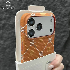 Original Kevlar Hot Stamping Lattice Pattern Plastic Case For iPhone 17 16 15 14 13 Pro Max Ultra Thin Fundas Protective Cover