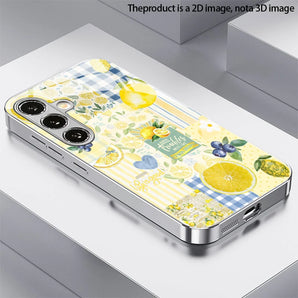 Lemon Patchwork Pattern 2D Phone Case for Samsung S26 S25 S24 S23 S22 S21 S20 A56 A36 A16 - Electroplated Glass Protective Cover