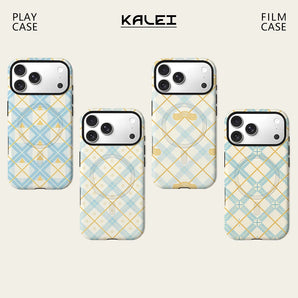 Blue Gold Argyle Grid Phone Case For Magnetic for iPhone 17 16 15 14 13 12 11 Pro Max Plus Double-layer Anti-Drop Back Cover
