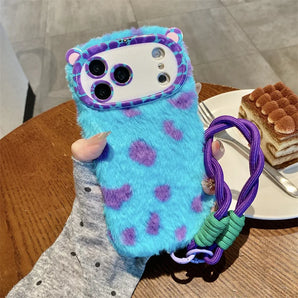 Fashion Leopard Print Fur Plush Phone Case for iPhone 17 16 15 14 13 12 11 Pro Max With Wrist Strap Lens Holder Shockproof Cover