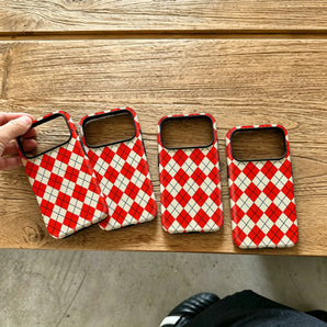 Red White Argyle Diamonds For iPhone 18 17 16 15 14 13 Pro Max Plus Dual‑Layer Luxury Shockproof Magnetic Protective Phone Case