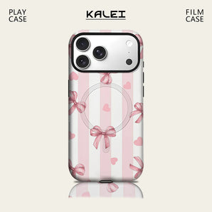 Blush & White Stripe Bow Phone Case for IPhone 17 16 15 14 13 Pro Max Plus for Magnetic Single Double-layer Tough Case