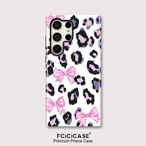 Fcicicase S25 Ultra Cute Bow Knots Leopard Phone Case For Samsung Galaxy S20 FE S24 Plus S23 A56 A26 A36 A16 Dual Layer Cover
