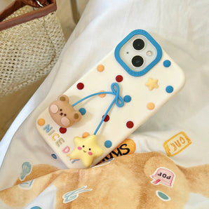 3D New Cute Pendant Bear and Star Soft Silicone Phone Case Back Cover For iPhone 12 13, 14, 15 16Pro 17 Pro Max Shockproof Shell