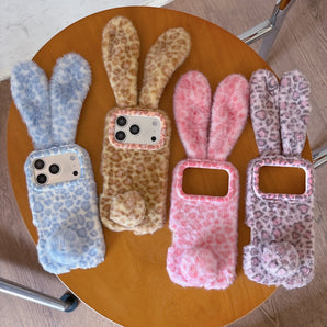 Cute Leopard Print Rabbit Ear Plush Phone Case for iPhone 18Pro 17Pro Max 16Plus 15 14 13 Soft Protective Cover