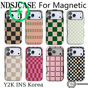 Luxury Clmj Green Checkerboard Mint Lattice Phone Case for iPhone 17 16 15 14 13 12 11 Pro Max Plus Air Magnetic Double-layer