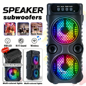 Portable wireless Bluetooth speaker with multi-mode colorful lights. Supports TF card, USB Type-C port and FM radio. Suitable for parties, outdoor camping, square dancing and other occasions. A lovely gift.
