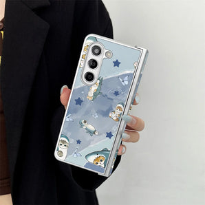 Cute Shark Cat Ocean PU Phone Case For Samsung Z Fold8 Fold7 Fold6 Fold5 Fold4 W26, All Inclusive Hinge Shockproof Cover