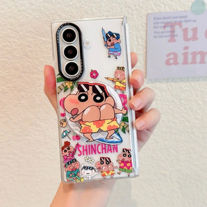 Kawaii Hawaiian Black Leather Shin Chan Phone Case for Samsung Galaxy Z Fold 8 Ultra, Z Fold 8 Z Fold 7 Shockproof Folding Cover