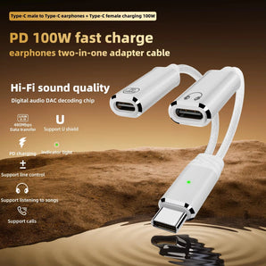 USB C Headphone and Charger Adapter 2 in 1 USB C to Aux Audio Jack with PD 100W Fast Charging Dongle Cable Cord for Galaxy S23