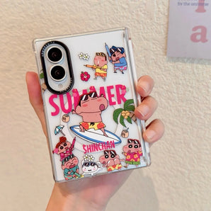Kawaii Hawaiian Black Leather Shin Chan Phone Case for Samsung Galaxy Z Fold 8 Ultra, Z Fold 8 Z Fold 7 Shockproof Folding Cover