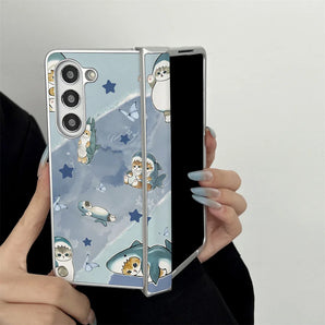 Cute Shark Cat Ocean PU Phone Case For Samsung Z Fold8 Fold7 Fold6 Fold5 Fold4 W26, All Inclusive Hinge Shockproof Cover