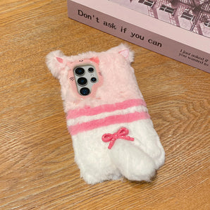 3D Cute Bowknot Kitty Cat Furry Winter Warm Fluffy Soft Fur Case for Samsung Galaxy S23 S24 S25 Ultra A56 A16 A17 A55 A35 A54 5G