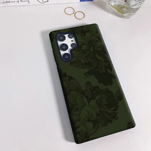 Dark Green Floral Phone Case for Samsung Galaxy S25 Ultra S24 S23 Ultra Plus Glossy Double-layer Back Cover