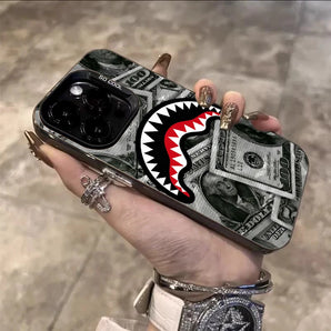 Street Trendy Cool Dollar Shark Electroplate Silver Phone Case For iPhone 17 Pro Max 11 12 13 14 15 16 Plus Air 16E XS XR Cover