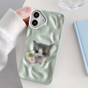 Cute Cat Milk Tea Case For Iphone 14 Pro Max 15 Air 16 Plus 11 12 13 17 Soft Shock Absorb Phone Shell Case Funda