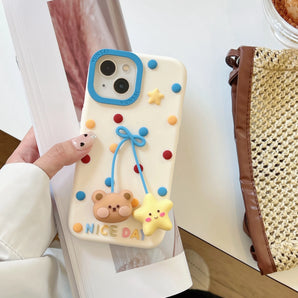 3D New Cute Pendant Bear and Star Soft Silicone Phone Case Back Cover For iPhone 12 13, 14, 15 16Pro 17 Pro Max Shockproof Shell