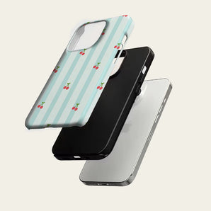 Light Blue Stripe Cherry Phone Case For Magnetic for iPhone 17 16 15 14 13 12 11 Pro Max Plus Double-layer Anti-Drop Back Cover