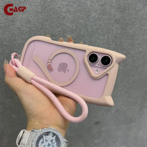 Cartoon 3D Cat Ear Magnetic Lanyard Case For iPhone 17 ProMax 12 13 14 15 16 Pro Max Plus Mini Wristband Clear Soft border Cover