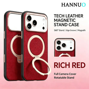 HANNUO Leather Case For iPhone 18 Pro Max 17 Pro Max Cases For Magsafe Magnetic Charging Shockproof Cover 360° Metal Holder Case