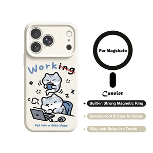 For MagSafe Phone Case For iPhone 18 17 16 15 Pro Max 14 13 12 Pro Max Wireless Charge Liquid Silicone Working Cat Korean Cover