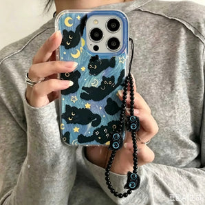 Cute Moon Star Cat With Chain Case For Samsung Galaxy S26 FE S26 Ultra S25 S24 S23 Plus S25FE A57 A37 A27 A17 A55 A56 Case Full