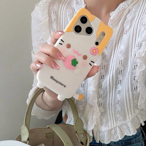 Kawaii 3D Cat Strawberry Rotate To Relieve Stress Soft Silicone Case For iPhone 17 16 15 14 13 12 Pro Max Cute 3D Cartoon Cover