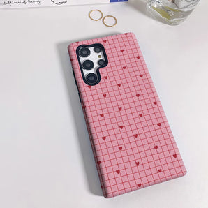 Blush Red Grid Heart Phone Case for Samsung Galaxy S25 Ultra S24 S23 Ultra Plus Shockproof Double Layer Back Cover