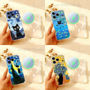Funny cartoon Van Gogh Monet's Black Cat Phone Case For iPhone 14,16,12,17,13,15,11 Max,Pro,Mini,Plus,Air,E Magnetic Frosted