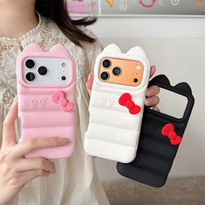 Down Jacket with Ears and Bow Phone Case For iPhone 17 16 15 14 13 12 Pro Max Cute and Soft