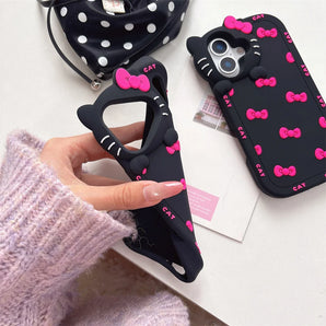 3D Cartoon Cute Bowknot Cat Camera Lens Protection Case for iPhone 17 Pro Max/16/15/14/13/12/11 Soft Silicone Shockproof Cover