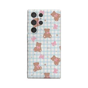 Light Blue Checkerboard Bear Phone Case for Samsung Galaxy S25 Ultra S24 S23 Ultra Plus Shockproof Double Layer Back Cover