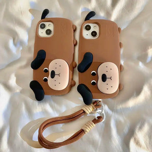 Phone Case For iPhone 16 15 14 13 Pro Max New Korean INS Cartoon 3D Brown Dog Shape Soft Protective Cover With Holder Lanyard