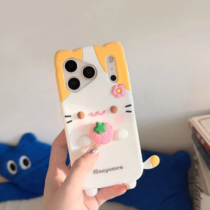 Kawaii 3D Cat Strawberry Rotate To Relieve Stress Soft Silicone Case For iPhone 17 16 15 14 13 12 Pro Max Cute 3D Cartoon Cover