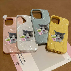 Cute Cat Milk Tea Case For Iphone 14 Pro Max 15 Air 16 Plus 11 12 13 17 Soft Shock Absorb Phone Shell Case Funda