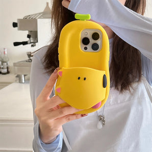 Cute Funny Creative Yellow Pupppy Silicone Phone Case with Petiole for iPhone 16 15 14 13 12 Pro Max Shockproof Back Cover
