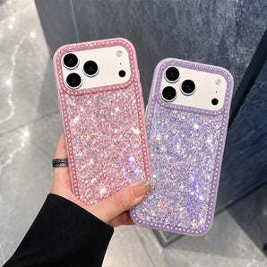 Luxury Sparkling Rhinestone Phone Case, Compatible with iPhone Air/18/17 Pro Max/16 Pro/15/14/13/12/11, Glitter Acrylic Back Cover, Solid Color Soft-Touch Frame, Large Camera Cutout Protective Case