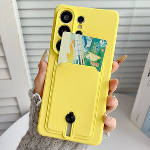 Colorful push sliding card holder phone case For Samsung Galaxy S26 S25 S24 S23 Plus Ultra Edge Fe fine hole silicone back cover
