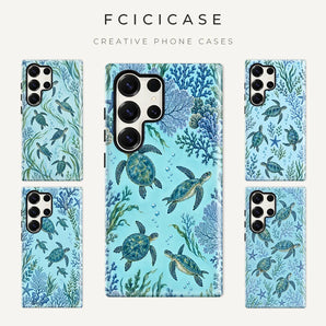 Fcicicase Cartoon Sea Turtle Pattern Case For Samsung Galaxy S26 Ultra S25 S24 S23 Plus S22 S20 FE A16 A26 A36 A56 PC +TPU Cases
