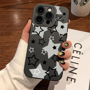 Black White Five-pointed Star Printed Phone Case For iPhone 15 14 13 12 11 Pro Max Mini XS XR X 7 8 Plus Shockproof Soft Bumper