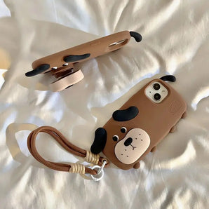 Phone Case For iPhone 16 15 14 13 Pro Max New Korean INS Cartoon 3D Brown Dog Shape Soft Protective Cover With Holder Lanyard