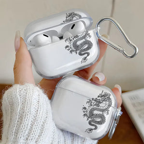 Black Art Dragon Pattern Clear Earphone Case for AirPods 4/3/2/1 Earbuds Case For AirPods Pro 3/Pro 2/Pro TPU Protective Cover