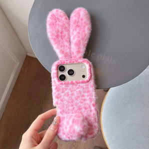 Cute Leopard Print Rabbit Ear Plush Phone Case for iPhone 18Pro 17Pro Max 16Plus 15 14 13 Soft Protective Cover