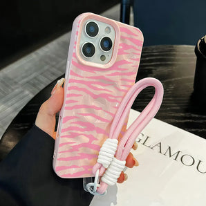 Wrinkle Phone Case For iPhone 17 Pro 16 Pro 13 15 14 12 11 Pro Max Air 15 16 Plus Shockproof Lanyard Y2K Pink Zebra Stripe Cover