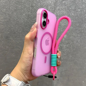For Magsafe Candy Color Contrast Lanyard Case For iPhone 16 15 17 18 Pro Max 14 Plus 11 12 13 Hand Wrist Strap Matte Soft Cover