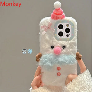 Cute Cartoon 3D Santa Snowman Soft Plush Case For iPhone 16 Pro Max Cases 15 Plus 14 13 12 11 Fluffy Warm Winter Furry Fur Cover